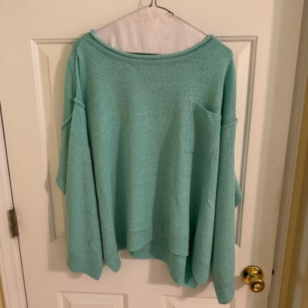 Pink Lily Tell Me Everything Aqua Oversized Pocketed Light Weight Sweater Sz S